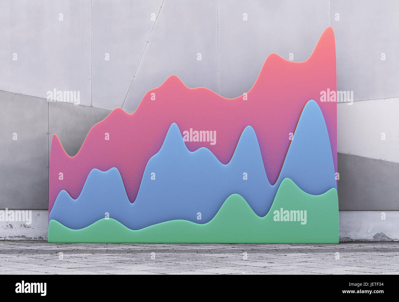 Un grafico di tre graphic dal rosso, verde, blu contro una parete mostra la crescita e movimento di mercato Foto Stock