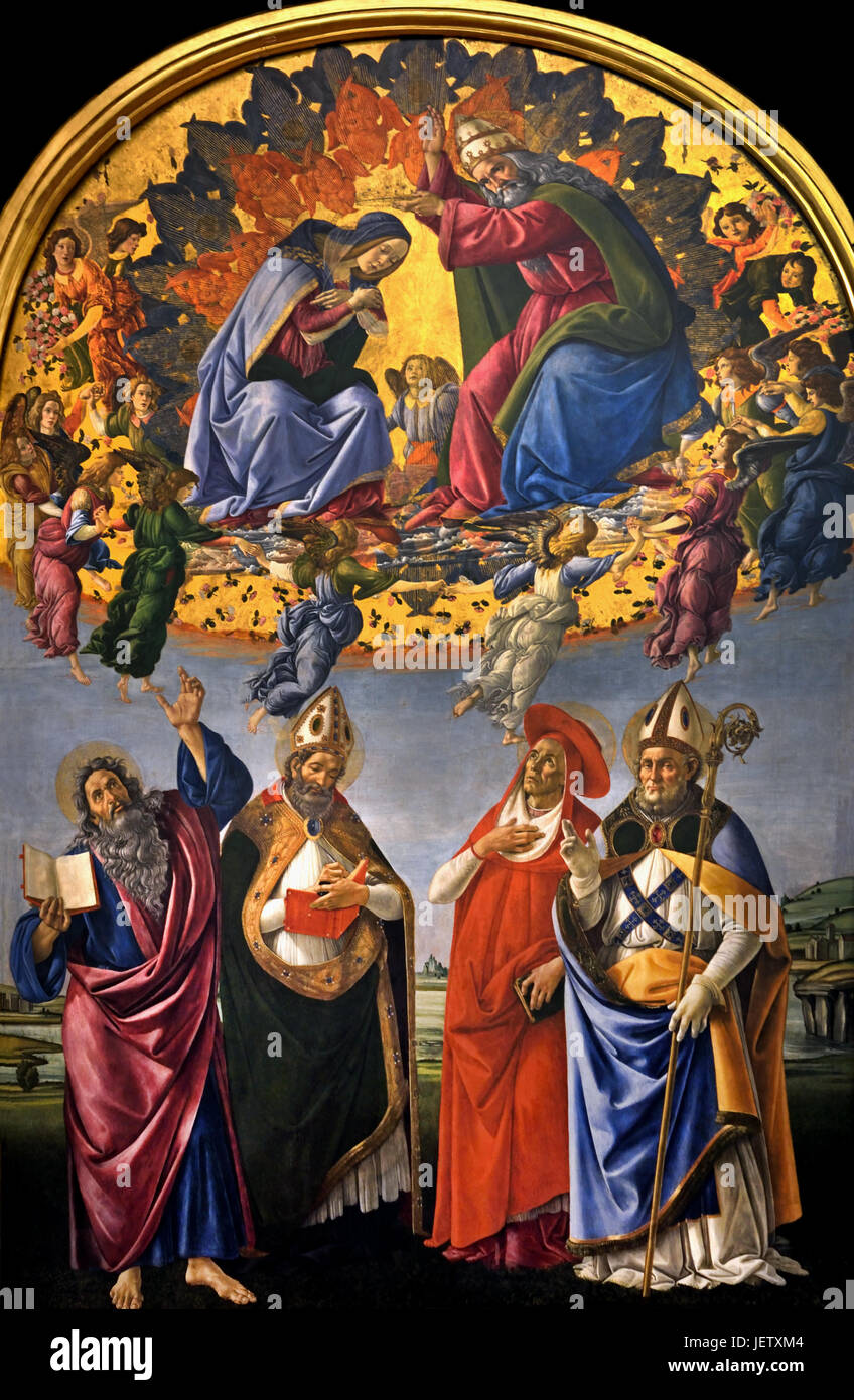 Il San Marco Ancona Piazza San Marco o Incoronazione della Vergine con i giganti Giovanni Evangelista, Agostino, Girolamo e Eligio (in italiano: la Pala di San Marco o Incoronazione della Vergine con giganti Giovanni Evangelista, Agostino, Girolamo ed Eligio) è una pittura religiosa di Sandro Botticelli ( Alessandro di Mariano Filipepi ) 1445-1510 Firenze pittore italiano di scuola fiorentina del primo Rinascimento. Italia Foto Stock