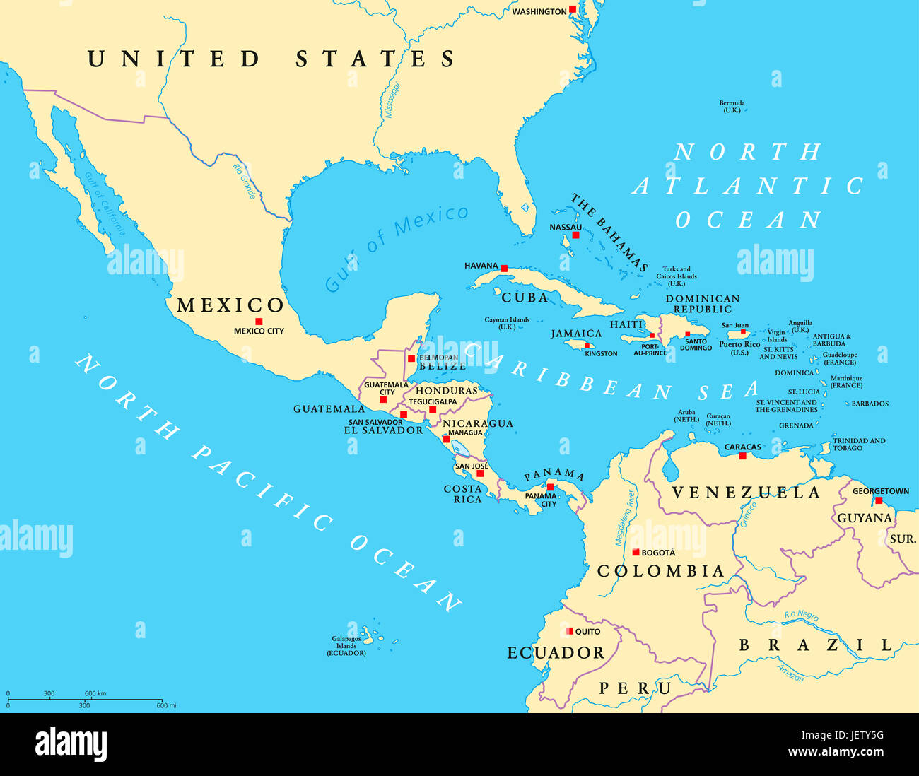 America centrale mappa politico con capitelli e frontiere. Mid-latitudini della regione delle Americhe. Messico, America Centrale e Caraibi, America del Sud. Foto Stock