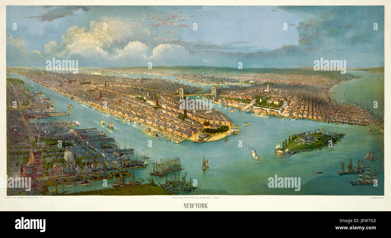 Vecchio vista aerea di New York - (cromo). Creato da Schmidt, New York, 188- (?) Foto Stock