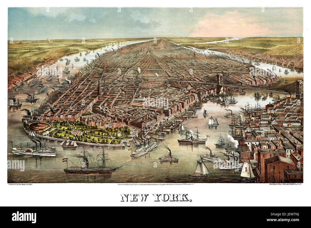 Vecchio vista aerea di New York. Da Ferd Mayer & Sons. Publ. Geo. Degen, New York, 1873 Foto Stock