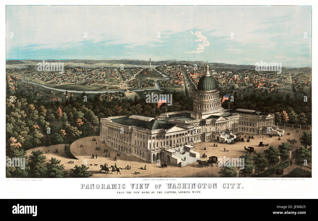 Vecchio vista aerea di Washington D.C., U.S. Capitol in primo piano. Creato e pubblicato da E. Sachse, Baltimore, 1856 Foto Stock
