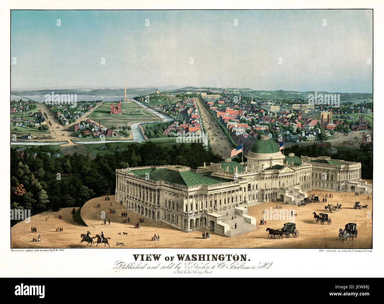 Vecchio vista aerea di Washington D.C., U.S. Capitol in primo piano. Creato e pubblicato da E. Sachse, Baltimore, 1852 Foto Stock