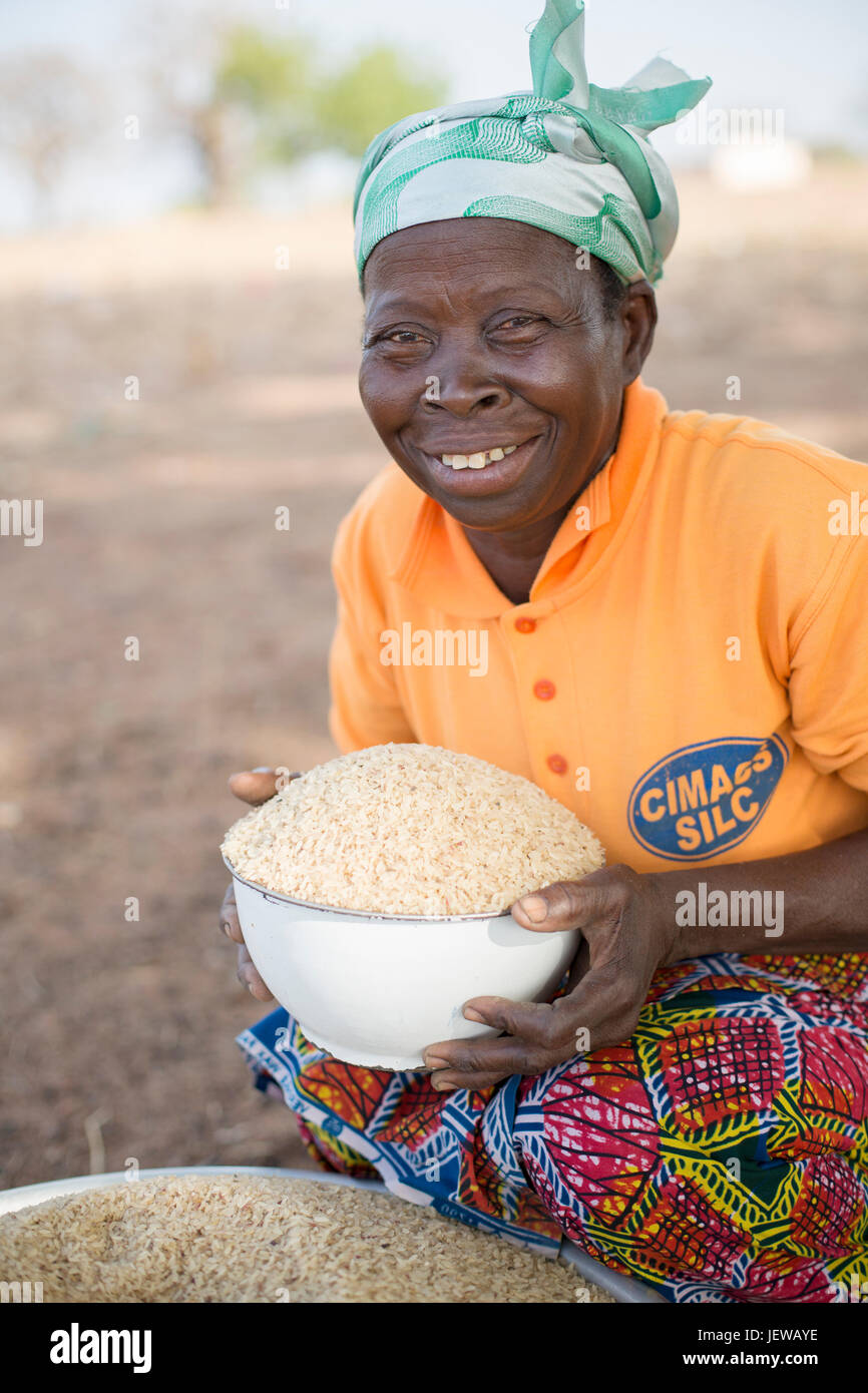 Una donna processi cooperativi e parboils riso come una produzione di reddito attività nella regione Upper-East, Ghana. Foto Stock