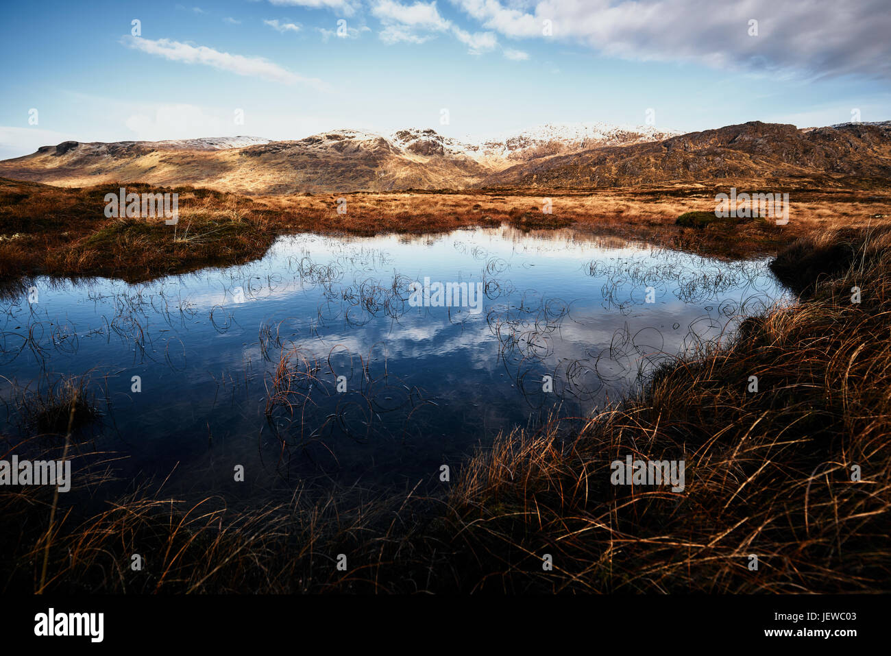 Panorama delle montagne Bluestack in Donegal Irlanda con un lago nella parte anteriore durante il periodo invernale coperto di neve Foto Stock