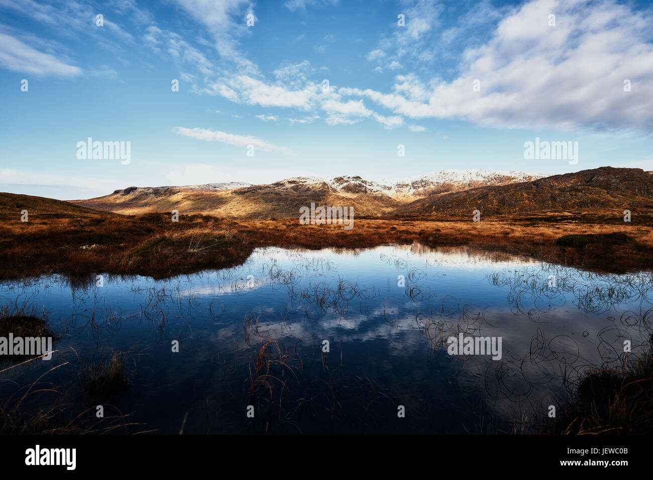 Panorama delle montagne Bluestack in Donegal Irlanda con un lago nella parte anteriore durante il periodo invernale coperto di neve Foto Stock