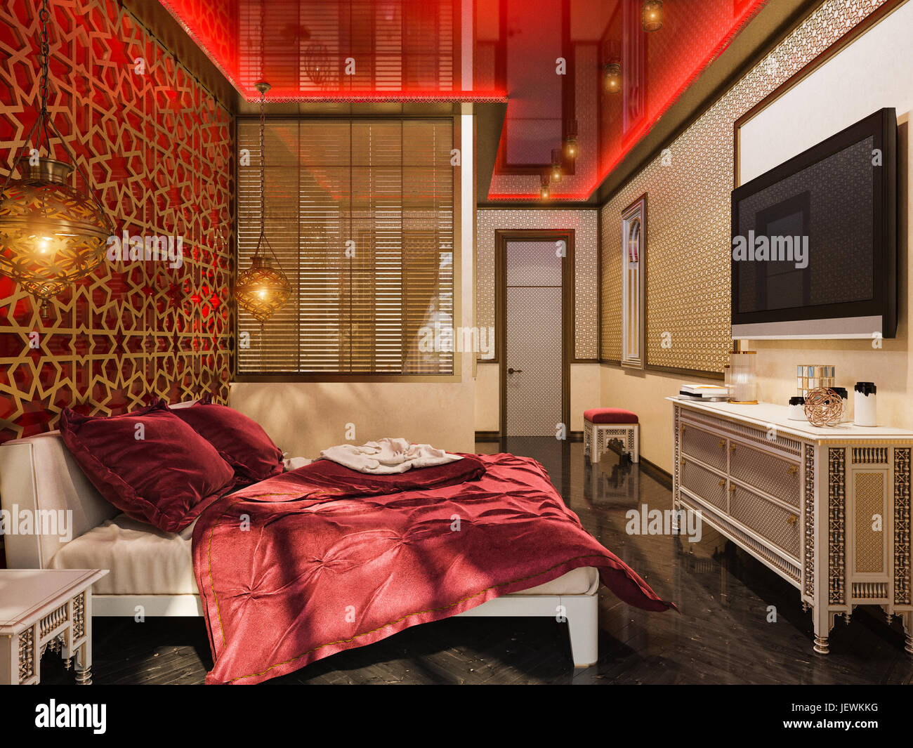 3d'illustrazione, il design degli interni di una stanza di un hotel in un tradizionale stile islamico. Bella camera deluxe Ramdan Kareem sfondo vista interna decorare Foto Stock