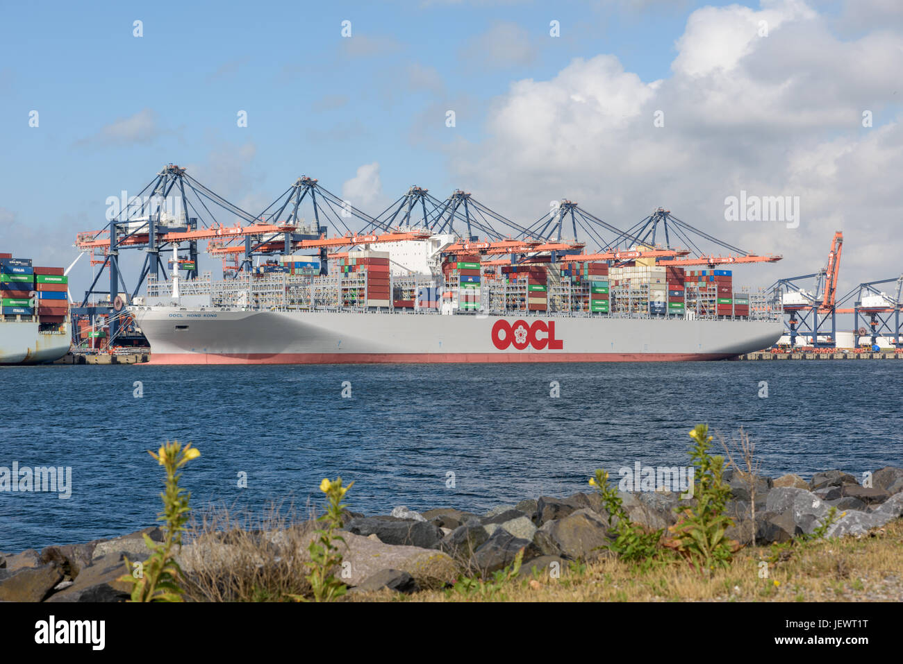 ROTTERDAM, Paesi Bassi - 25 giugno 2017: Il più grande container del mondo OOCL Hong Kong ormeggiata presso il terminal Euromax a Rotterdam durante Foto Stock
