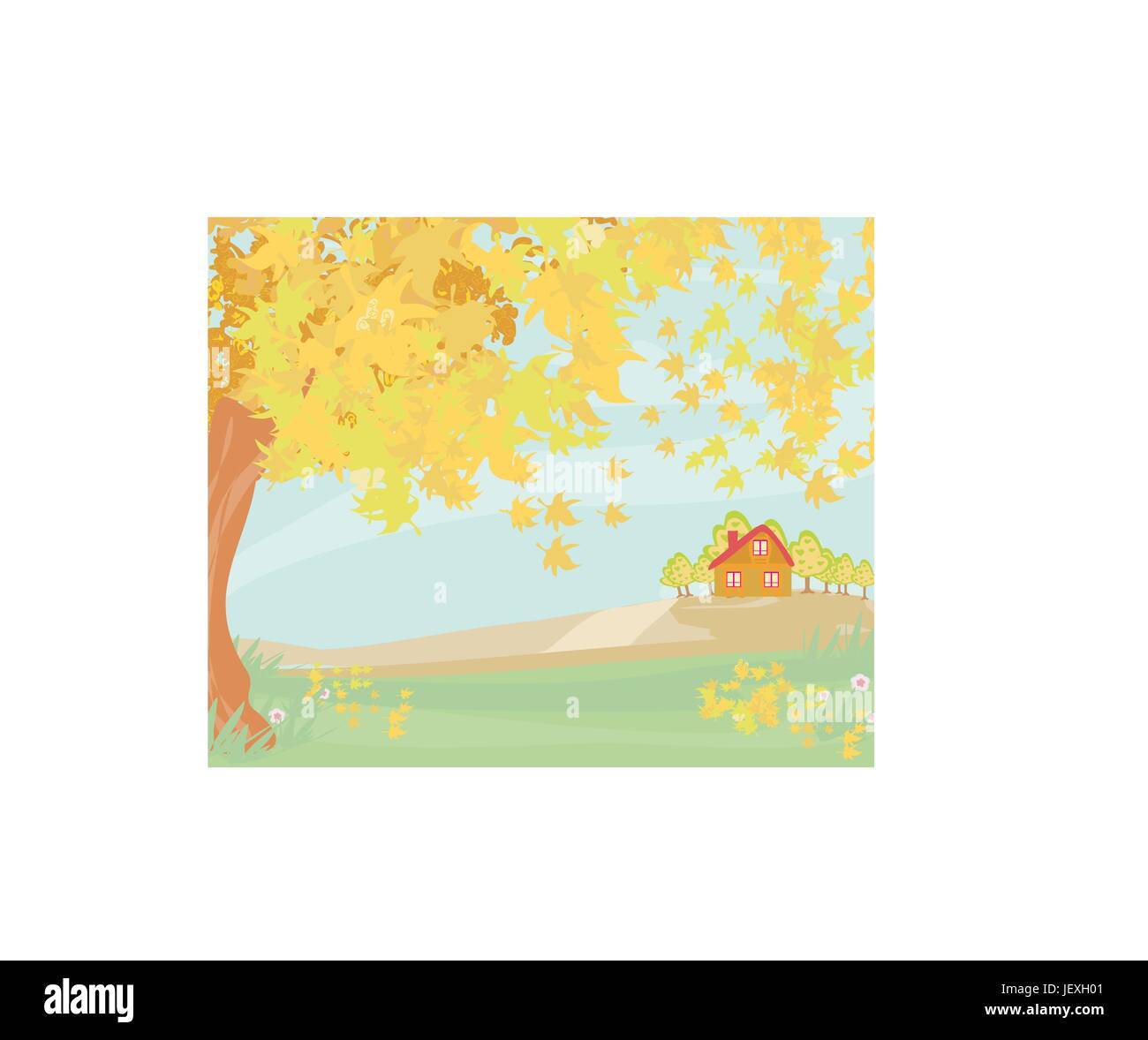 Casa, costruendo, colore, albero, alberi, hill, parco, tramonto, foglie, campo, flora, Illustrazione Vettoriale