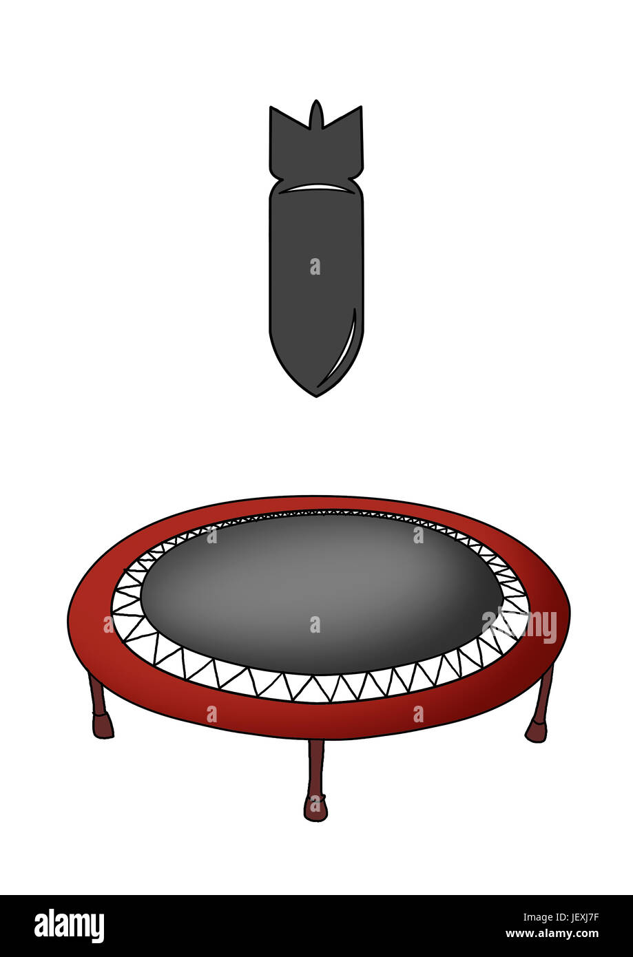 Divertente illustrazione che mostra una bomba è caduta su un trampolino. È una metafora di instant karma mostra che il danno causato potrebbe andare contro di voi. Foto Stock