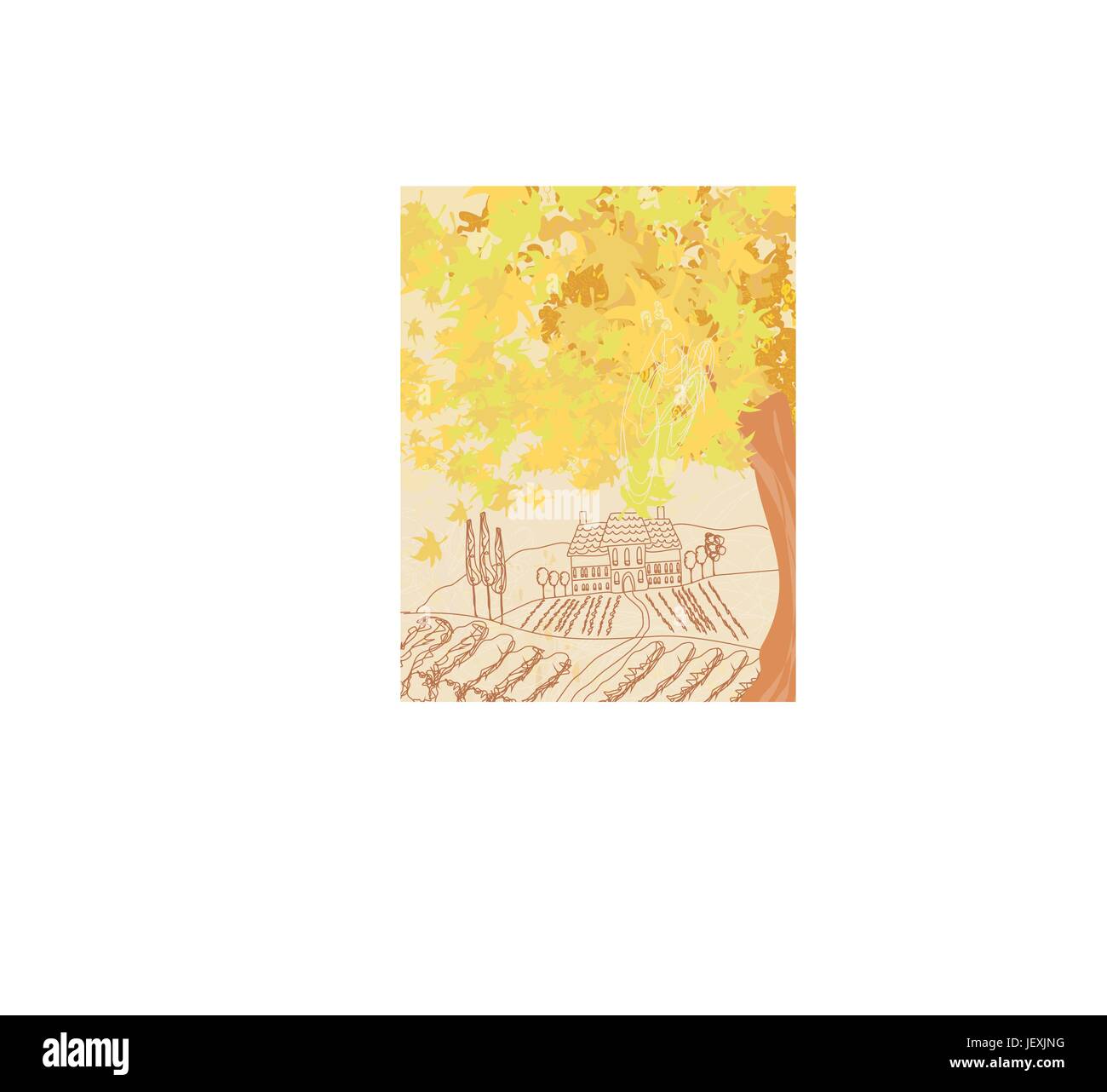 Casa, costruendo, colore, albero, hill, parco, tramonto, foglie, campo, flora, Illustrazione Vettoriale