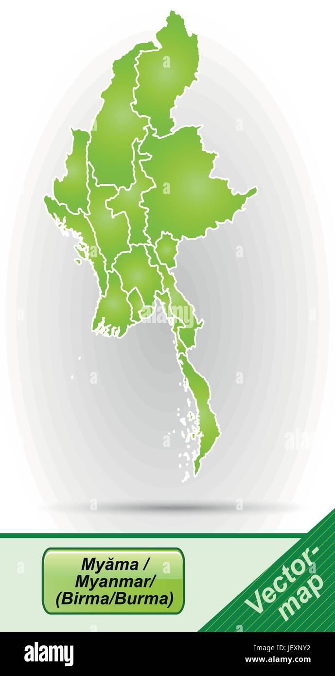 Mappa di confine del Myanmar con bordi in verde Illustrazione Vettoriale