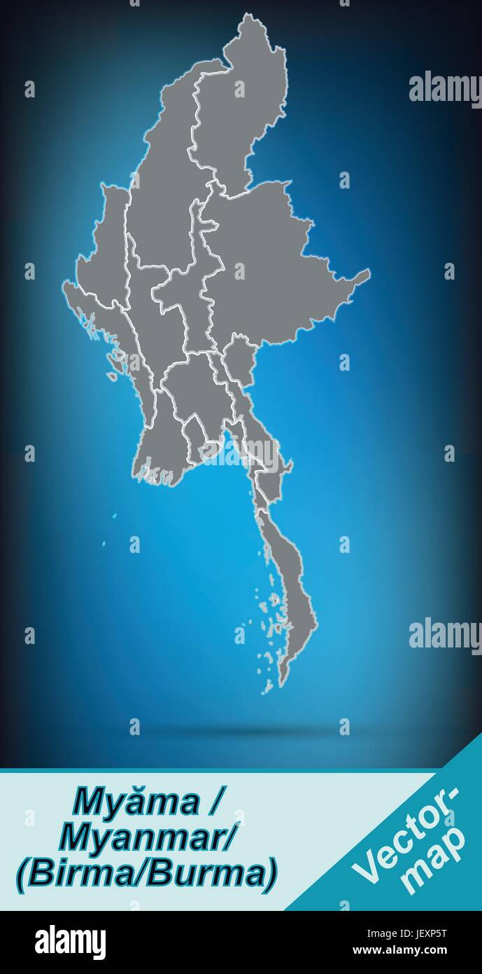 Mappa di confine del Myanmar con bordi in grigio brillante Illustrazione Vettoriale