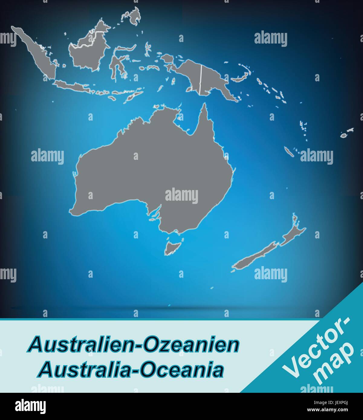 Mappa di confine di australia-oceania con bordi in grigio brillante Illustrazione Vettoriale