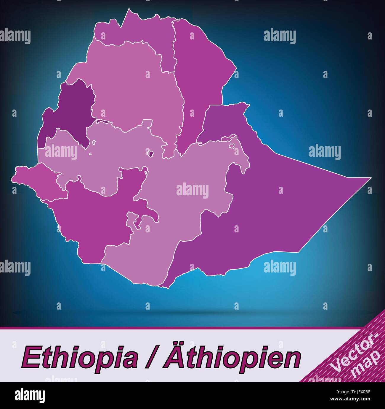 Mappa di confine di Etiopia con bordi in viola Illustrazione Vettoriale