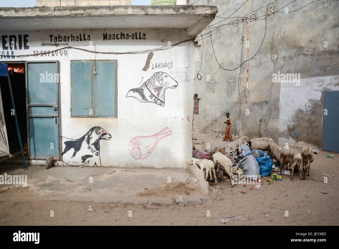 Ristorante locale di vendita cibo autentico come Lakhas fatta con carne di pecora in Yoff Dakar, Senegal. Capre sono a mangiare cibo rimane e la spazzatura al di fuori Foto Stock