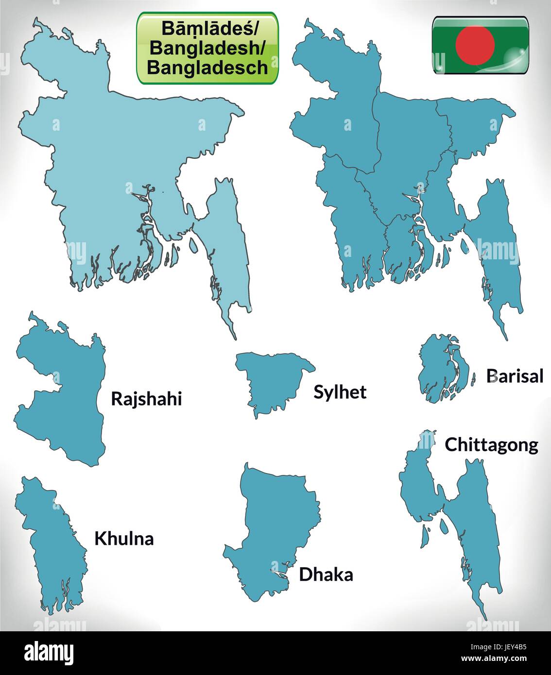 Mappa di frontiera del Bangladesh con bordi in blu Illustrazione Vettoriale