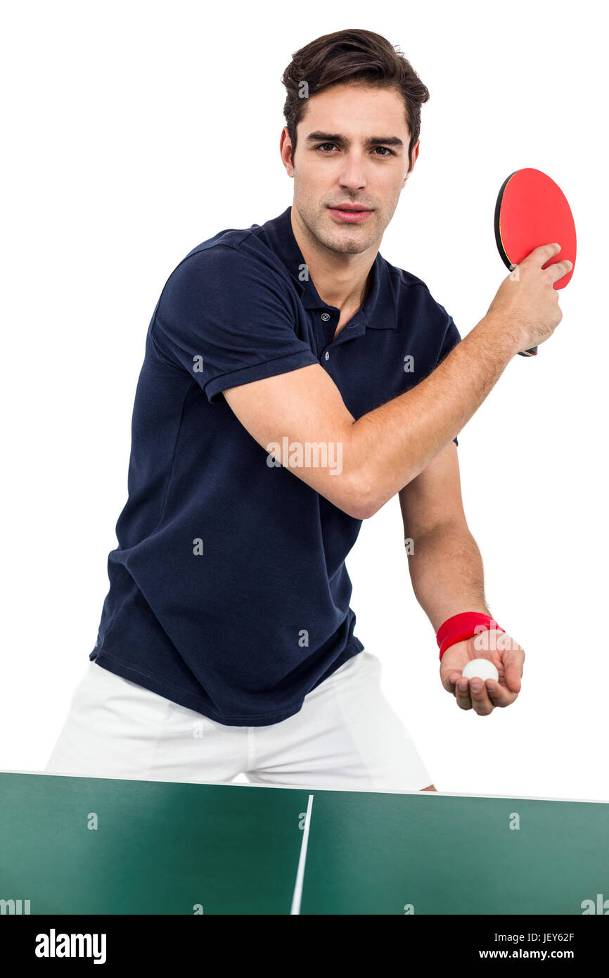 Fiducioso atleta maschio tavolo da gioco tennism Foto Stock