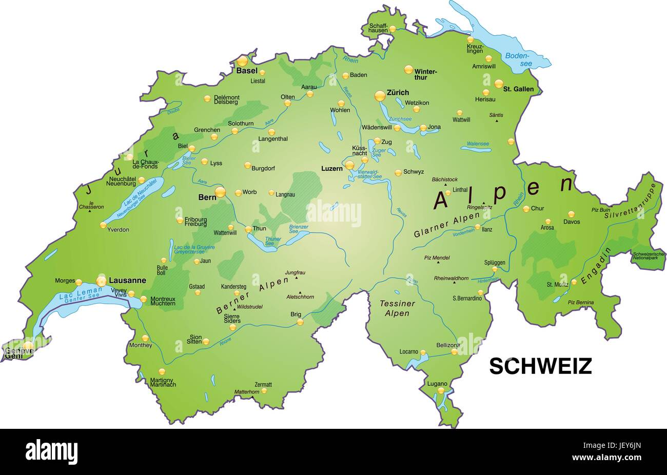 Cartina della Svizzera come una mappa panoramica in verde Illustrazione Vettoriale