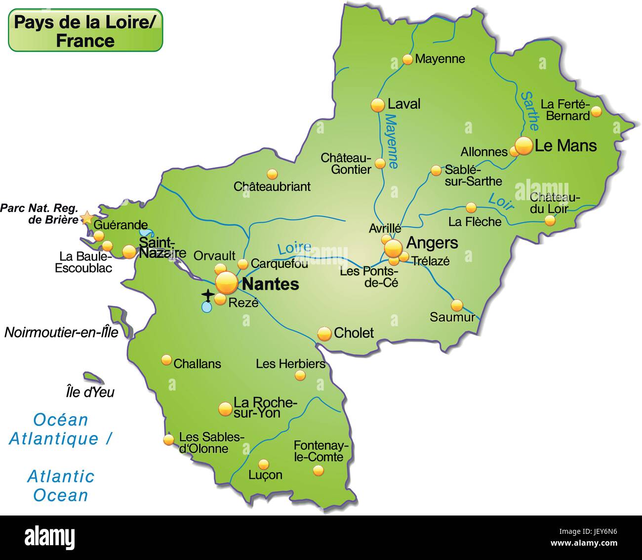 Mappa di Pays-de-la-loire come una mappa panoramica in verde Illustrazione Vettoriale