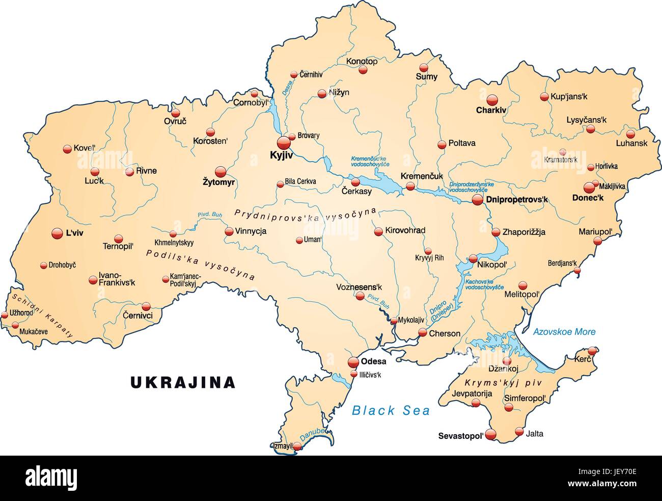Mappa di Ucraina come una mappa panoramica in arancio pastello Illustrazione Vettoriale
