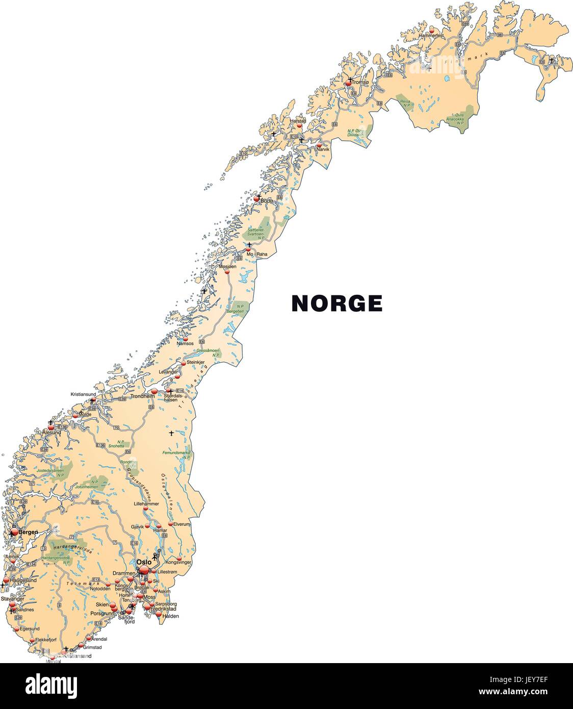 Mappa di Norvegia con la rete di trasporto in arancio pastello Illustrazione Vettoriale