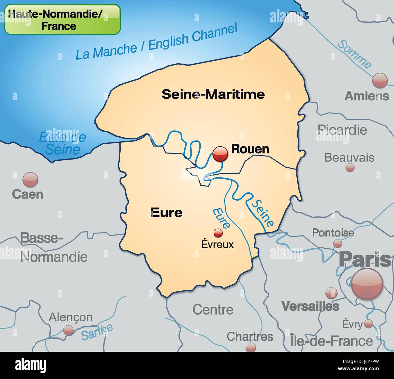 Mappa di Alta Normandia con limiti in pastelorange Illustrazione Vettoriale