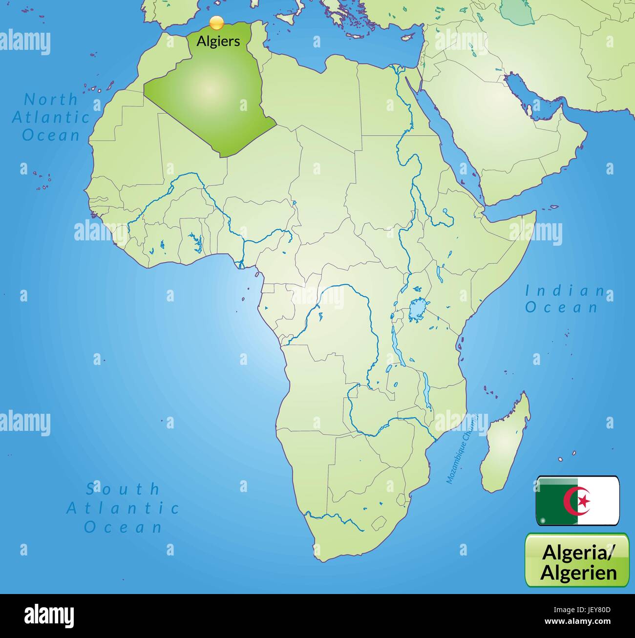 Mappa di Algeria con capitelli in verde Illustrazione Vettoriale