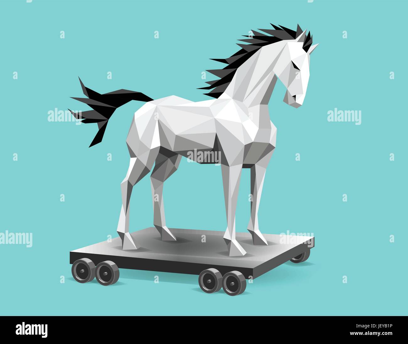 Cavallo di Troia dallo scanner a superficie piana con ruote bianco e basso vettore poligono Illustrazione Vettoriale