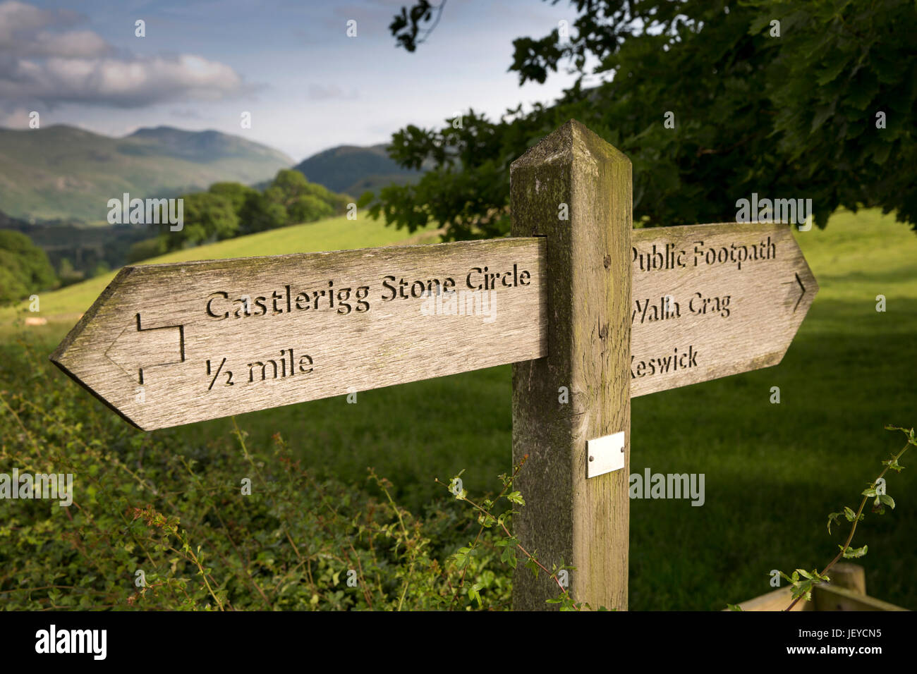 Regno Unito, Cumbria, Keswick, Castlerigg, sentiero in legno segno al cerchio di pietra, Walla roccioso e Keswick Foto Stock