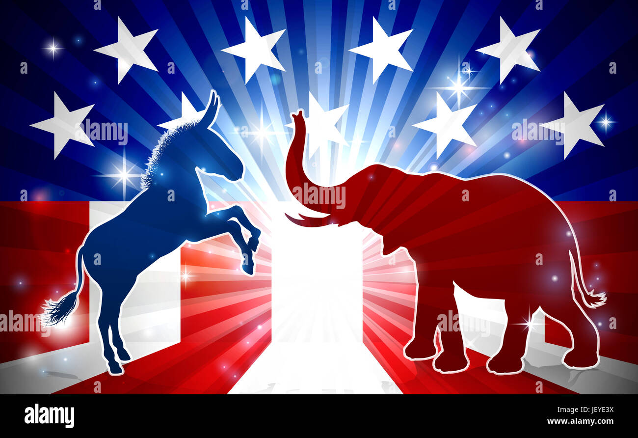 Un elefante e asino in silhouette affacciata con una bandiera americana in background democratici e repubblicani mascotte politico animali Foto Stock