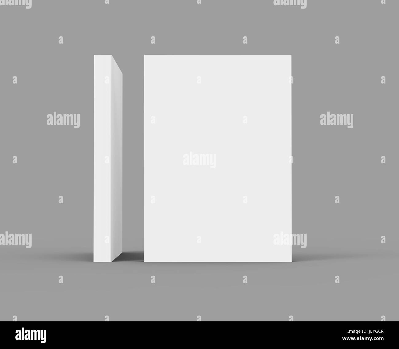 Due piedi vuoti 3d rendering i libri spessi che formano un angolo di novanta gradi, isolato sfondo grigio scuro, vista laterale Foto Stock