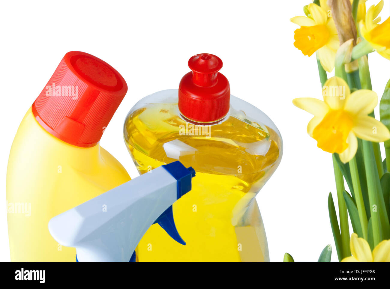 Un gruppo di prodotti per la pulizia accanto ad alcuni narcisi a significare le pulizie di primavera. Isolati contro uno sfondo bianco. Foto Stock