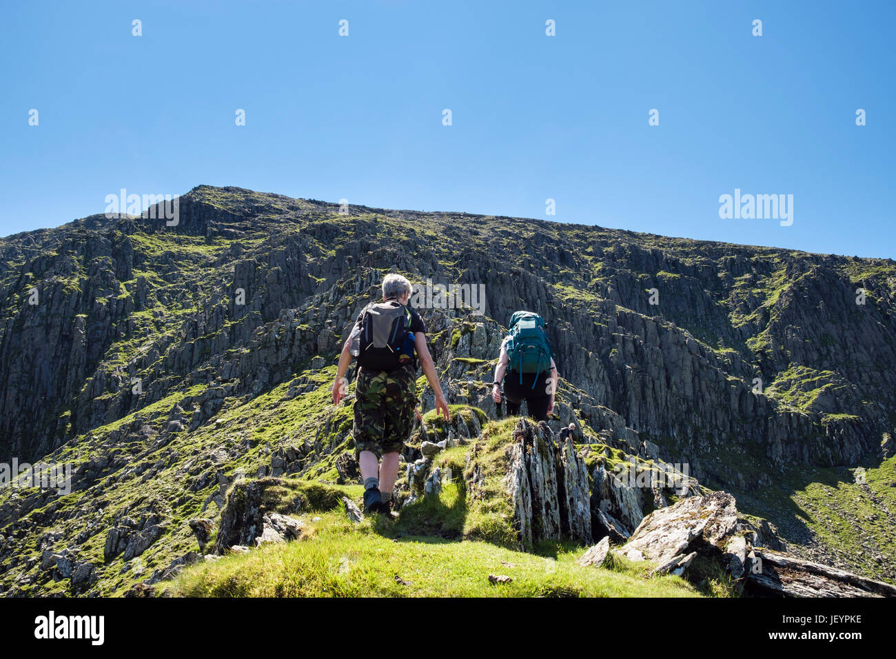 Femmina scrambling escursionisti fino Llech Ddu sperone o culla Lem a Carnedd Dafydd Carneddau nelle montagne del Parco Nazionale di Snowdonia. Il Galles del Nord, Regno Unito Foto Stock