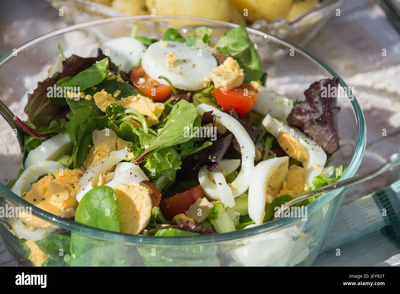 Una ciotola di insalata con uovo sodo, crescione, cipolle, pomodori, lattuga, su un tavolo esterno. Cene al fresco in estate. Regno Unito Foto Stock