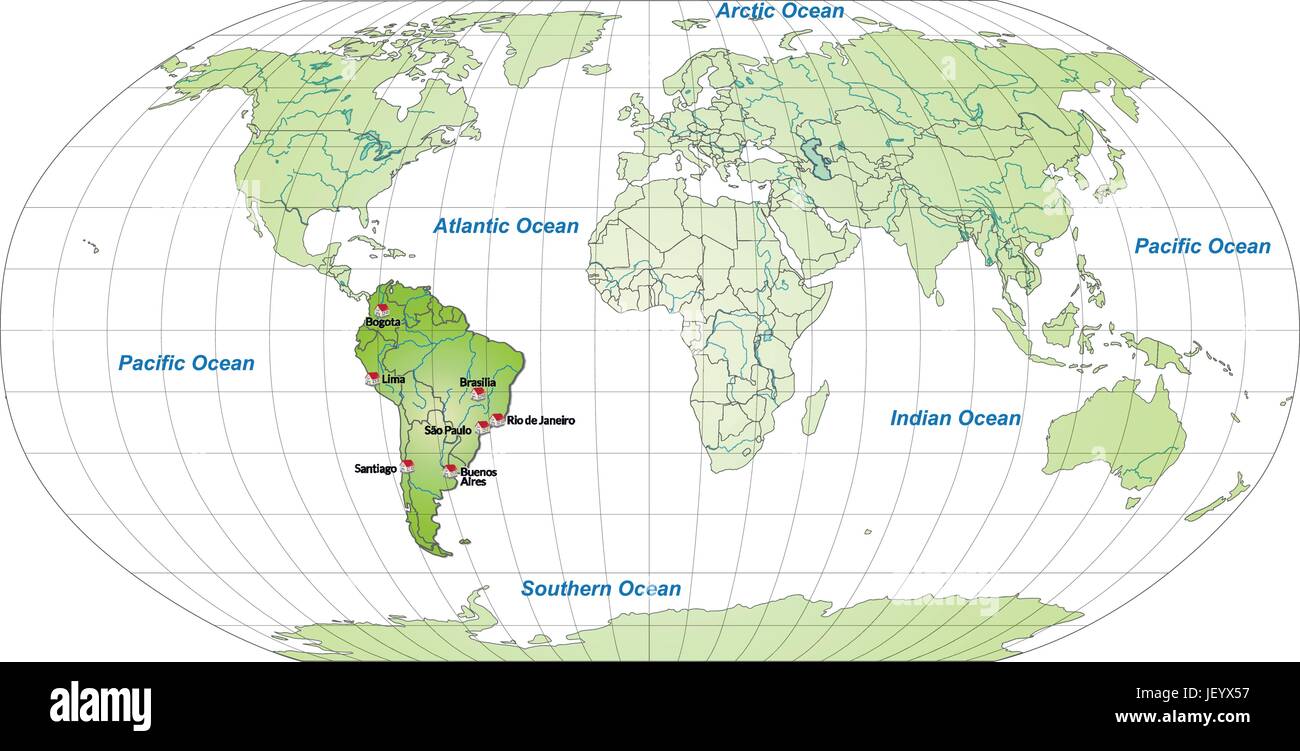 Mappa di Sud America con capitelli in verde Illustrazione Vettoriale