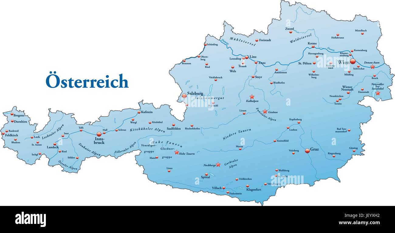 Mappa di austria come una mappa panoramica in blu Illustrazione Vettoriale