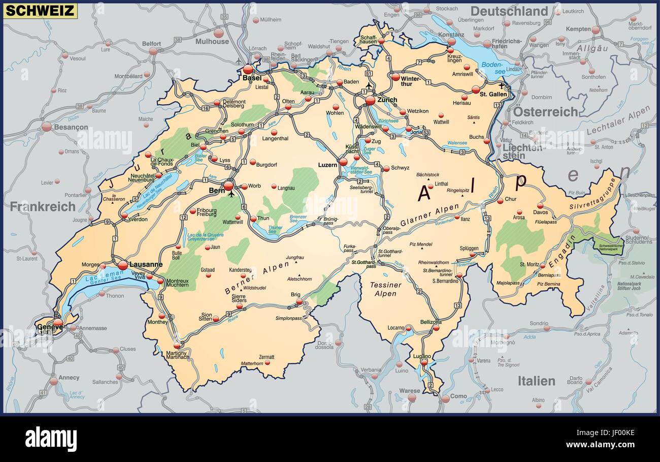 Cartina della Svizzera con il traffico in rete arancio pastello Illustrazione Vettoriale