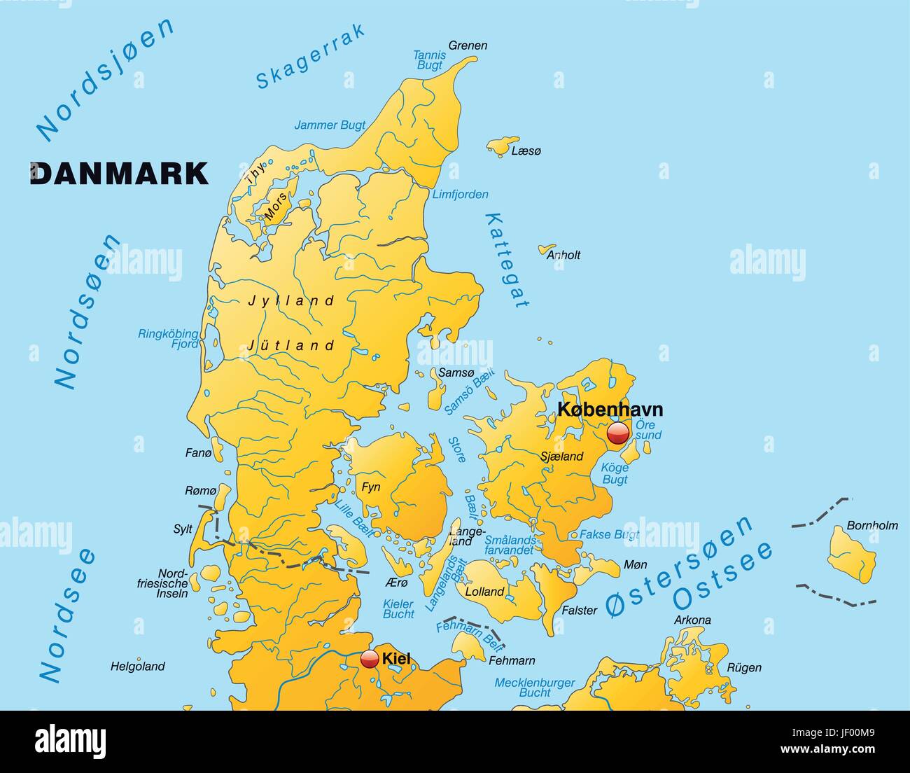 Mappa di Danimarca con la rete idrica in giallo Illustrazione Vettoriale