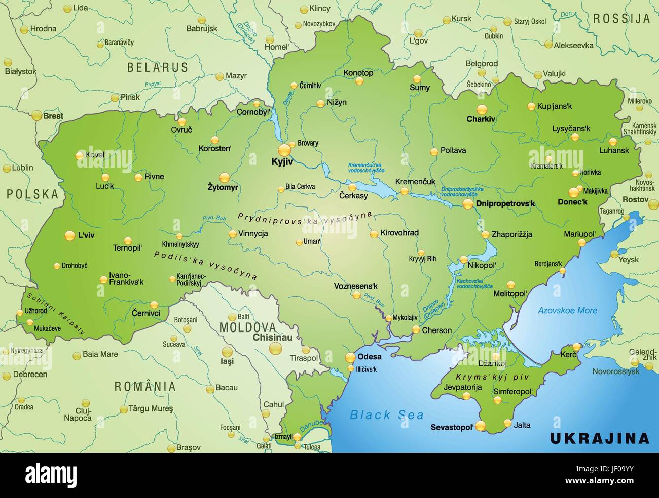 Mappa di Ucraina come una mappa panoramica in verde Illustrazione Vettoriale