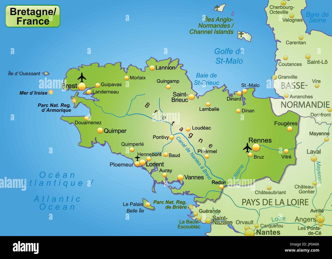 Mappa di Bretagna come una mappa panoramica in verde Illustrazione Vettoriale
