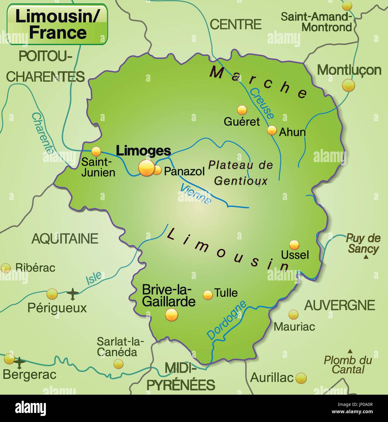 Mappa del Limousin come una mappa panoramica in verde Illustrazione Vettoriale