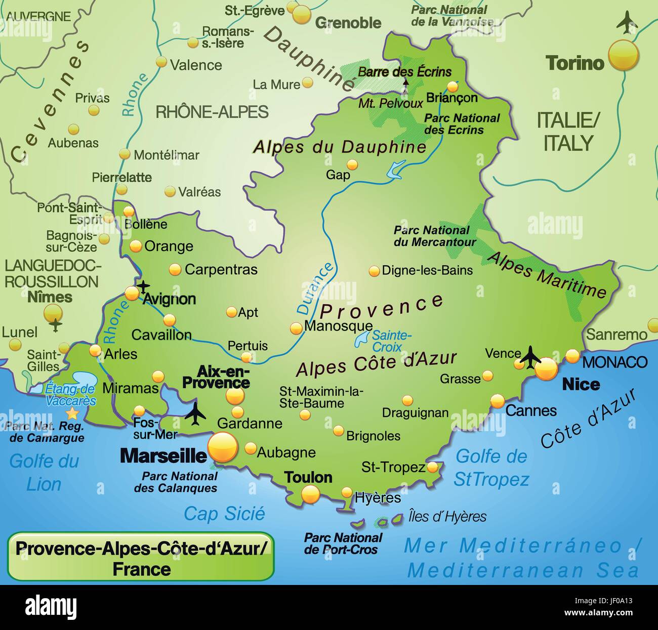 Mappa di PROVENCE-ALPES-cte d'azur come una mappa generale in verde Illustrazione Vettoriale