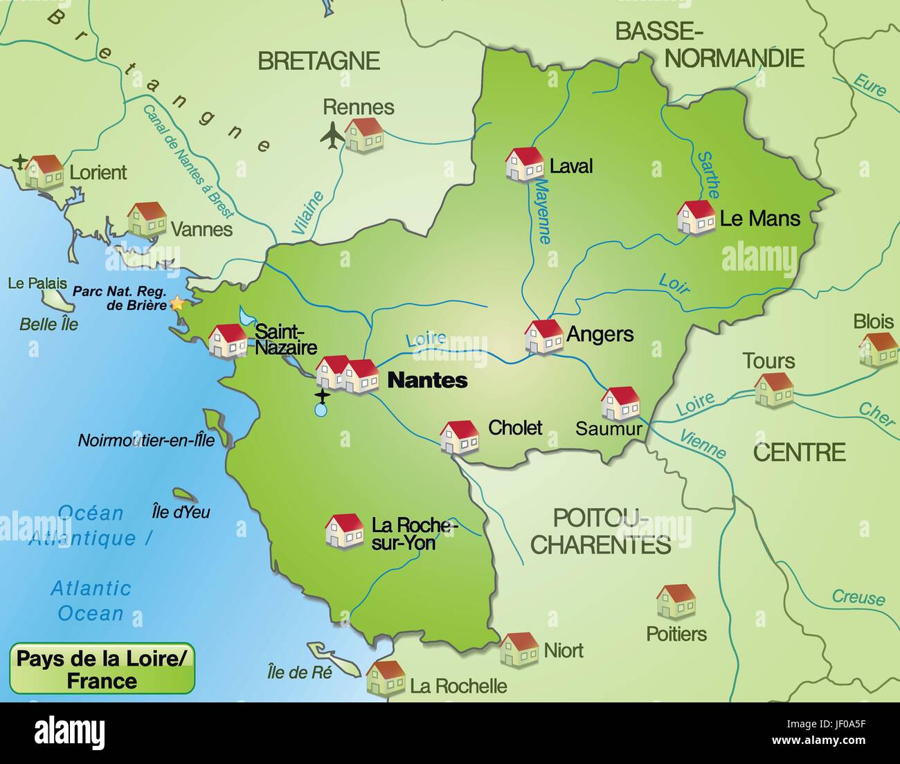 Mappa di Pays-de-la-loire come una mappa panoramica in verde Illustrazione Vettoriale