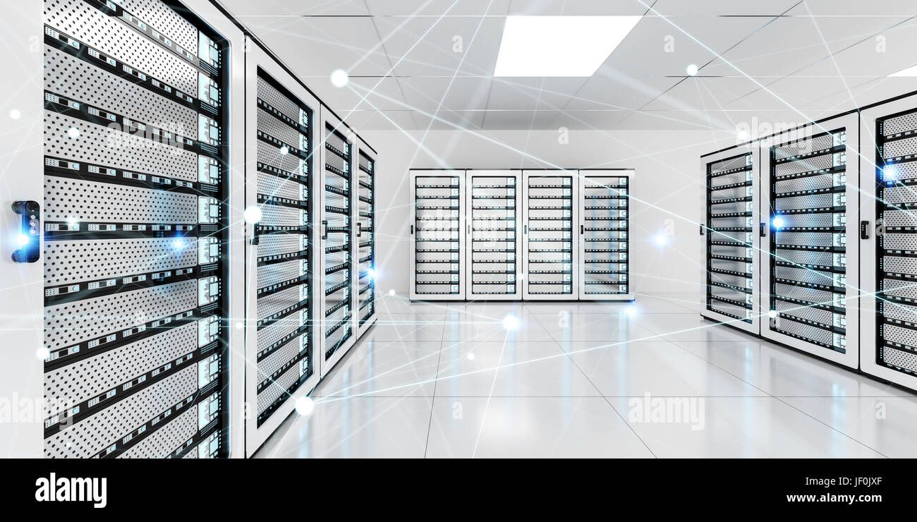 Bianco e blu rete astratta sulla sala server del centro dati 3D rendering Foto Stock