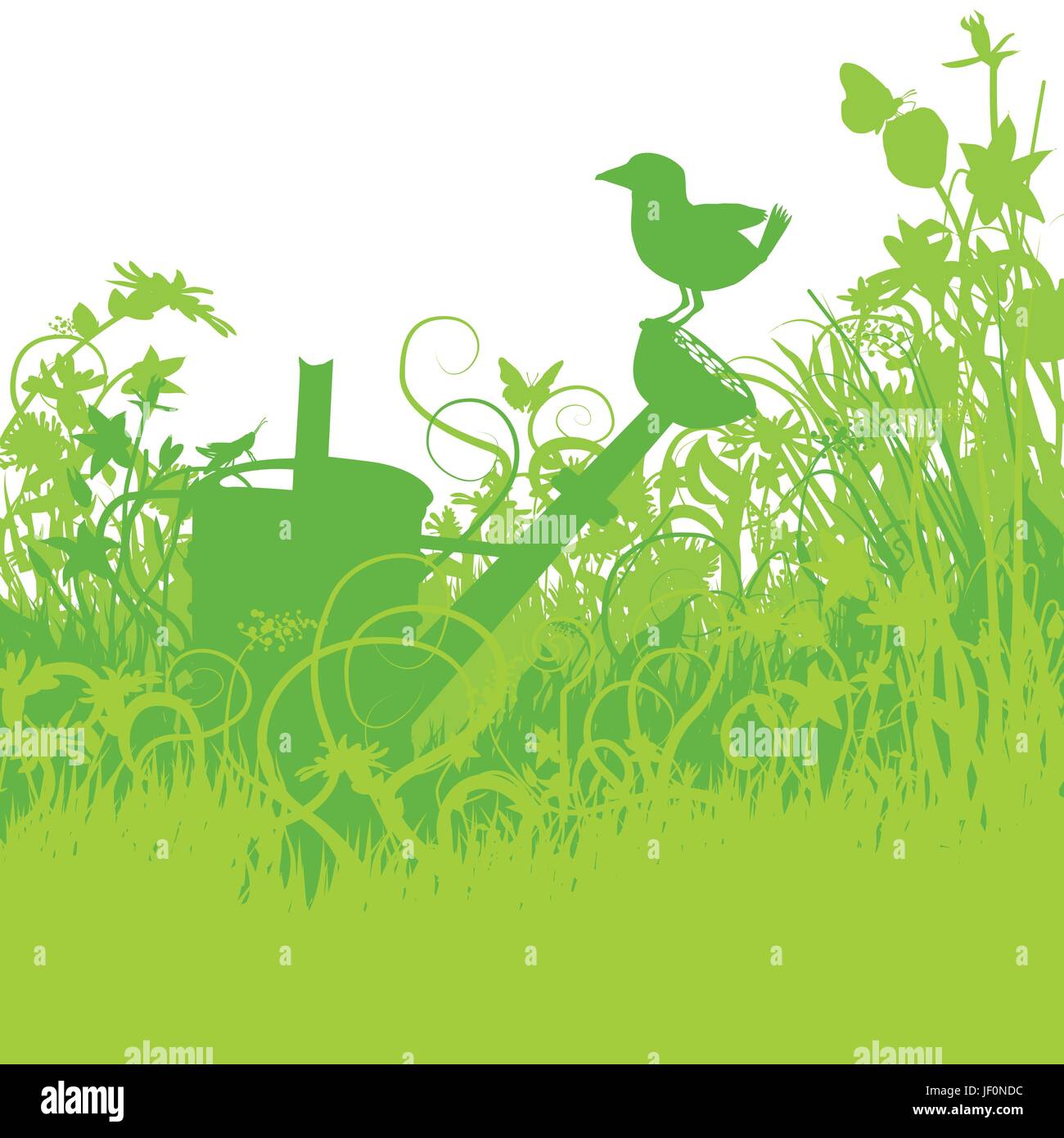 Bird su un annaffiatoio nel giardino sovradimensionate Illustrazione Vettoriale