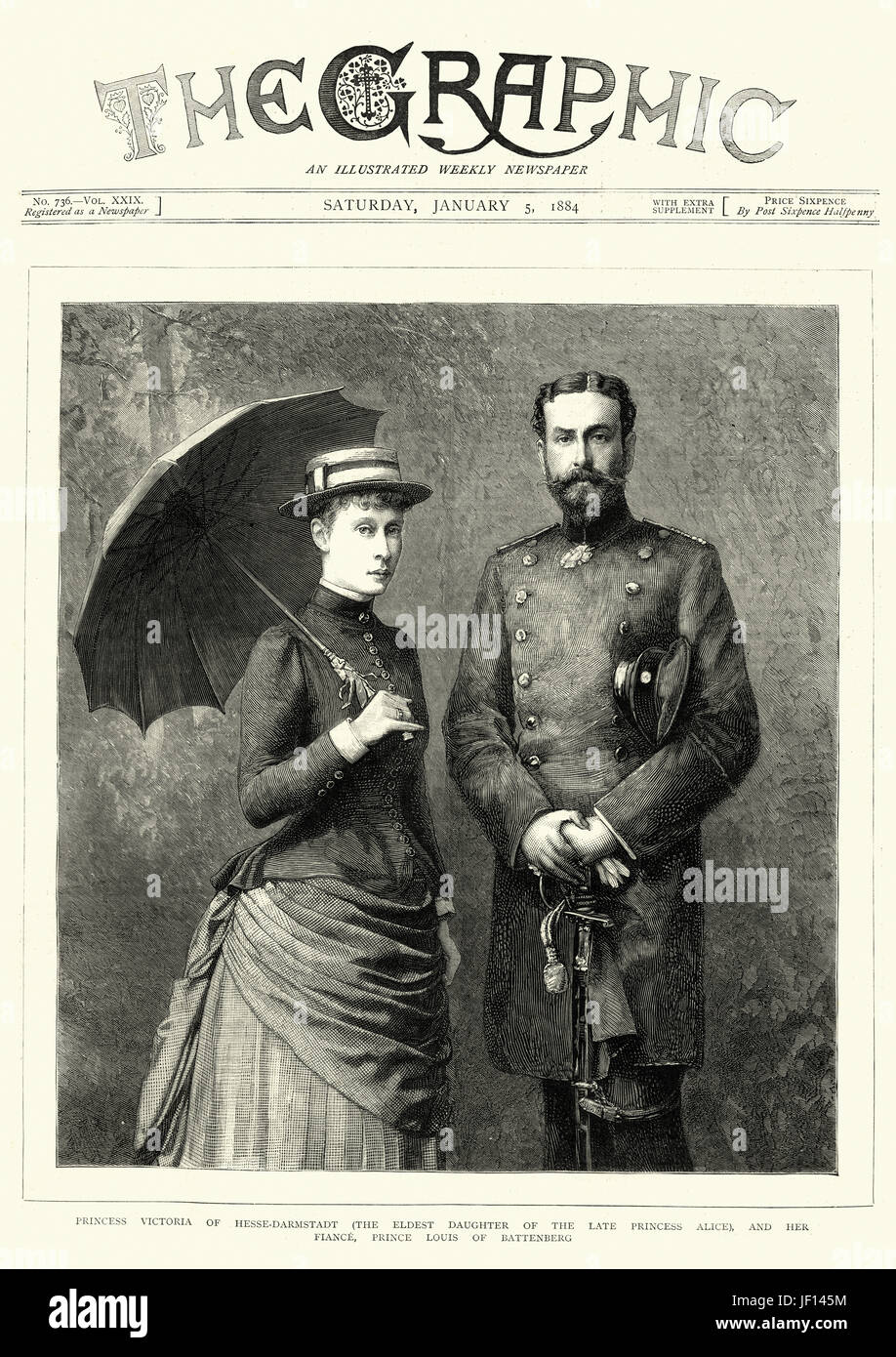 Pagina anteriore del giornale di grafica per il 5° gennaio 1884, mostrando la Principessa Victoria di Hesse-Darmstadt amd il suo fidanzato Principe Louis di Battenberg Foto Stock