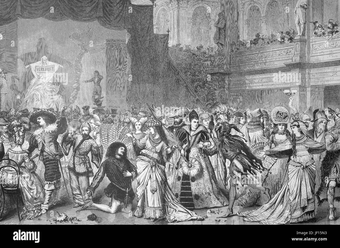 Illustrazione storica del costume party o festa in costume degli artisti a Berlino, Germania, Digitale riproduzione migliorata da un originale stampa dal 1888 Foto Stock