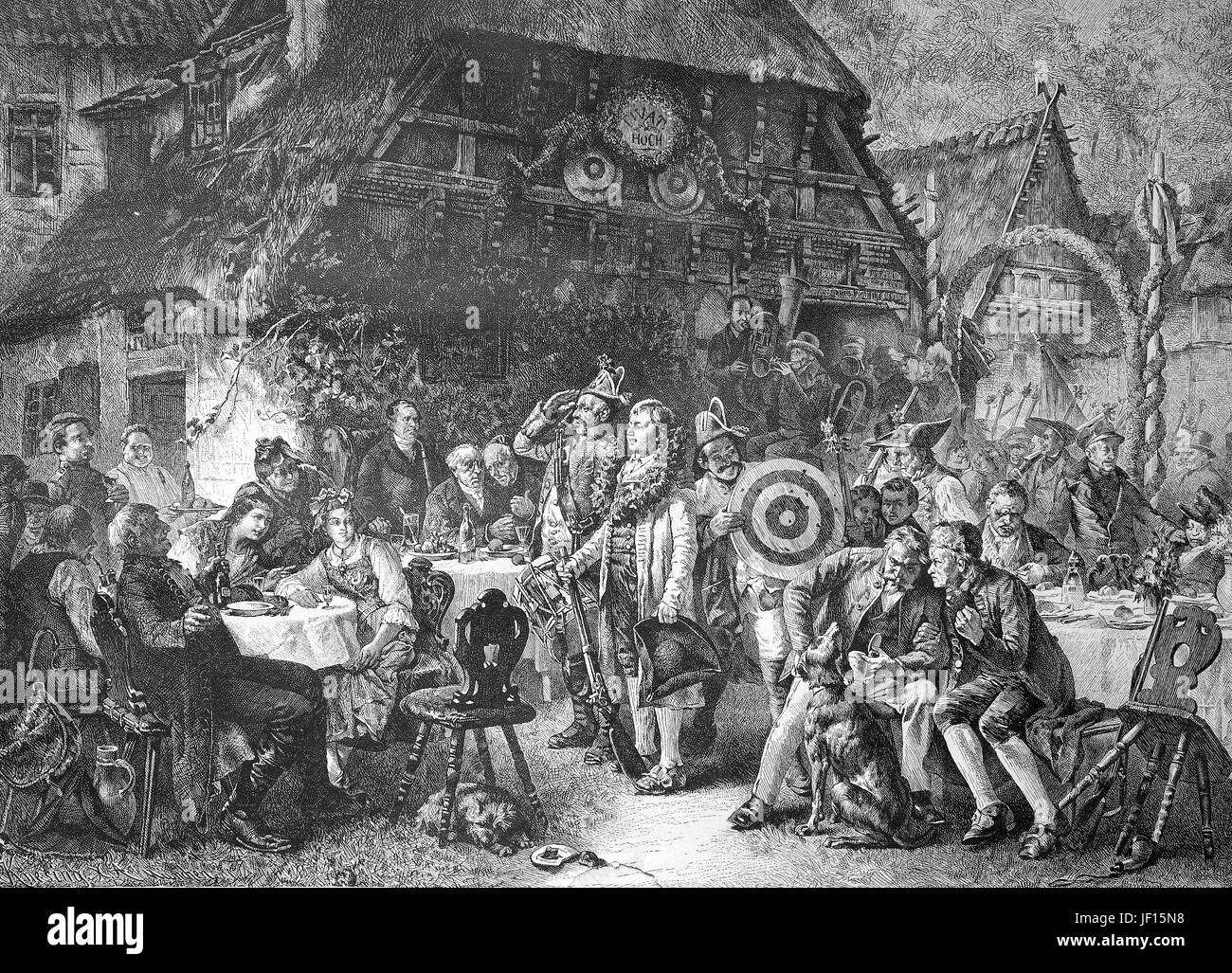 Ai tiratori e il re del festival di ripresa in un Schuetzenfest a Hannover, Germania, storico illustrazione digitale riproduzione migliorata da un originale stampa dal 1888 Foto Stock