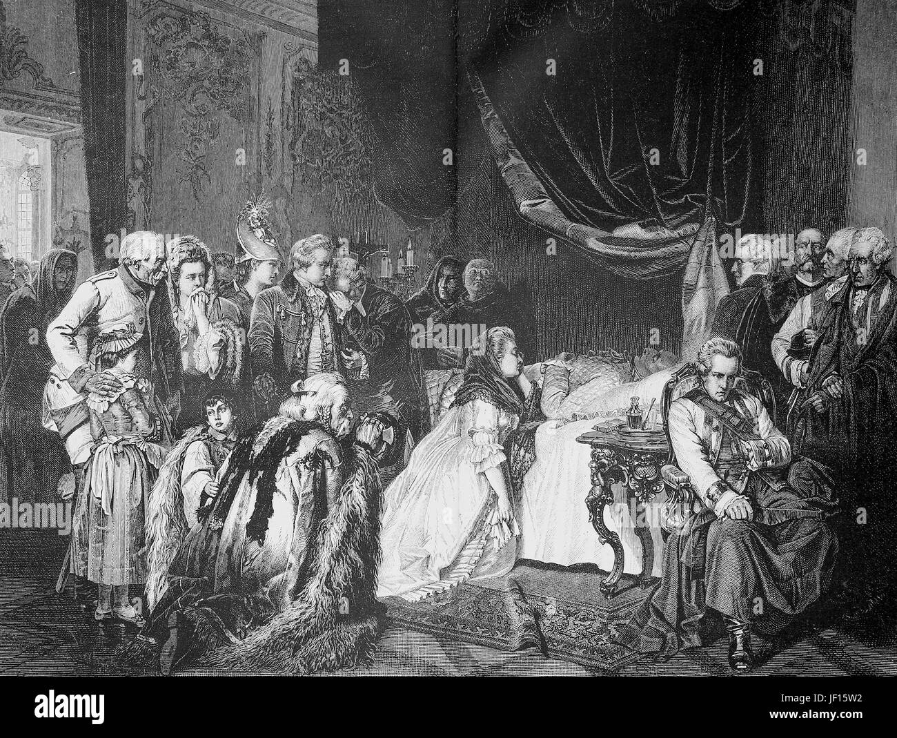 Illustrazione storico che mostra l'ultimo giorno dell'imperatore Giuseppe II. ,1741 - 1790, prima della sua morte, Austria, Digitale riproduzione migliorata da un originale stampa dal 1888 Foto Stock